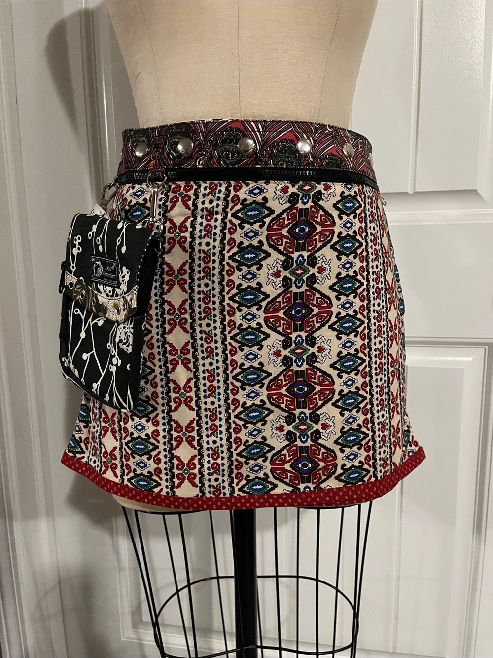 Zand Amsterdam Boho Red Patterned Reversible Mini Skirt with Embellished Waist